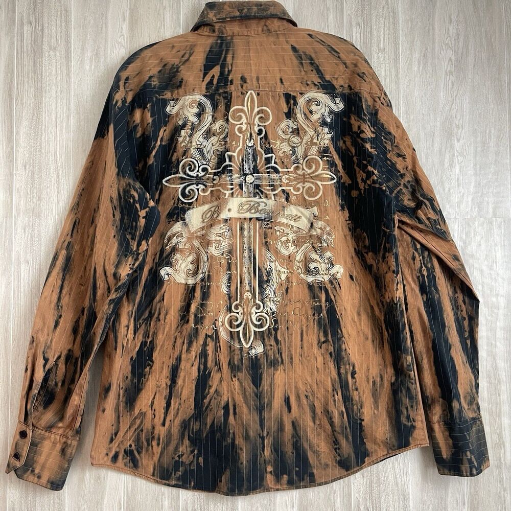 B.Bennett Tie Dye Brass Shirt Size M Black Brown Biker Grunge Cross Graphic Y2K
